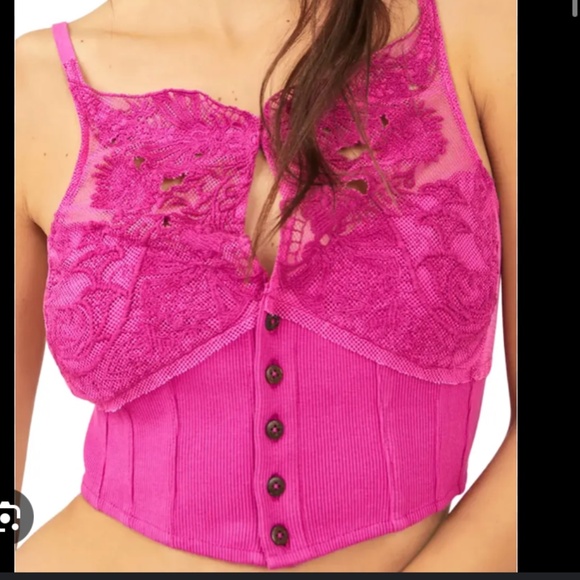 Have My Heart Tank by Free People Lace button Crop Corset Top Pink Large L - Picture 3 of 13
